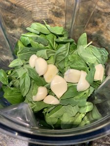 Putting basil and garlic in food processor