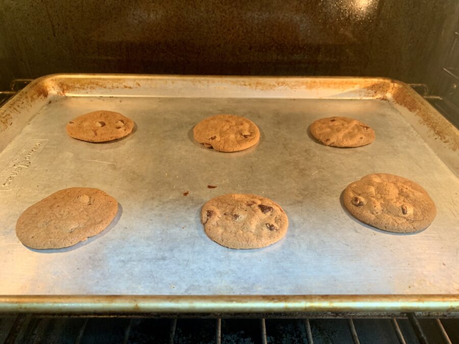 chocolate chip cookies on baking sheet in oven