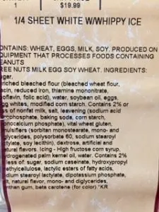 Ingredients in 1/4 sheet white cake from grocery store